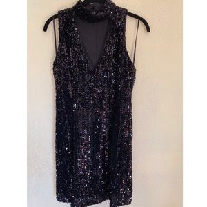 OLIVACEOUS black halter sequin dress